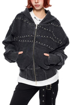 Washed Studded Cropped Zip Hoodies