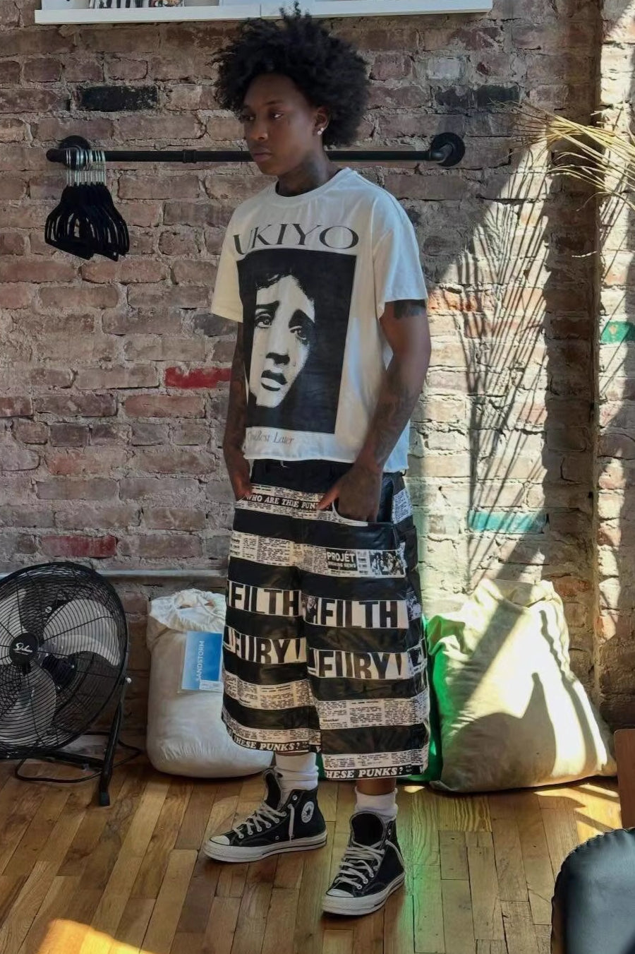 Newspaper Print Patchwork Wide-Leg Shorts