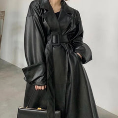 Oversized Lapel Leather Long Coat