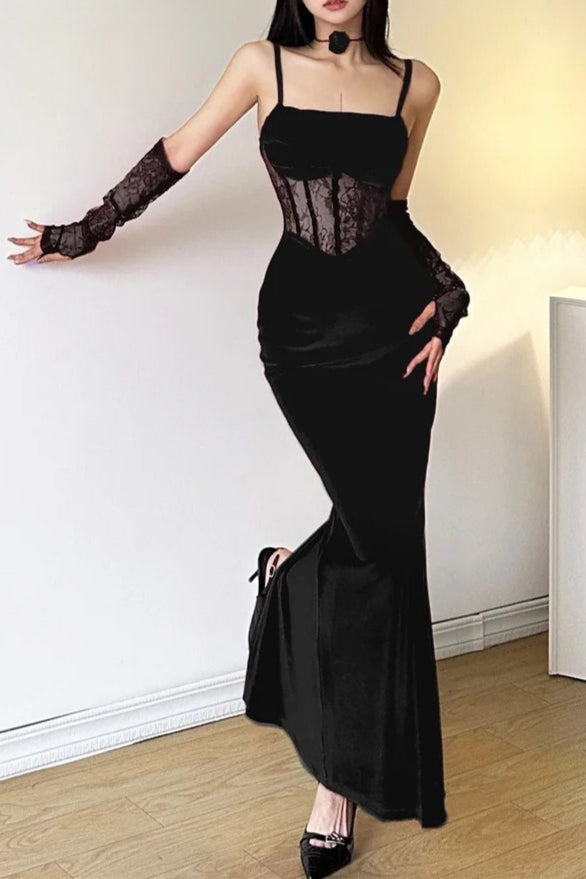 Winter Lace Fishbone Sling Sleeve Formal Maxi Dress Main image