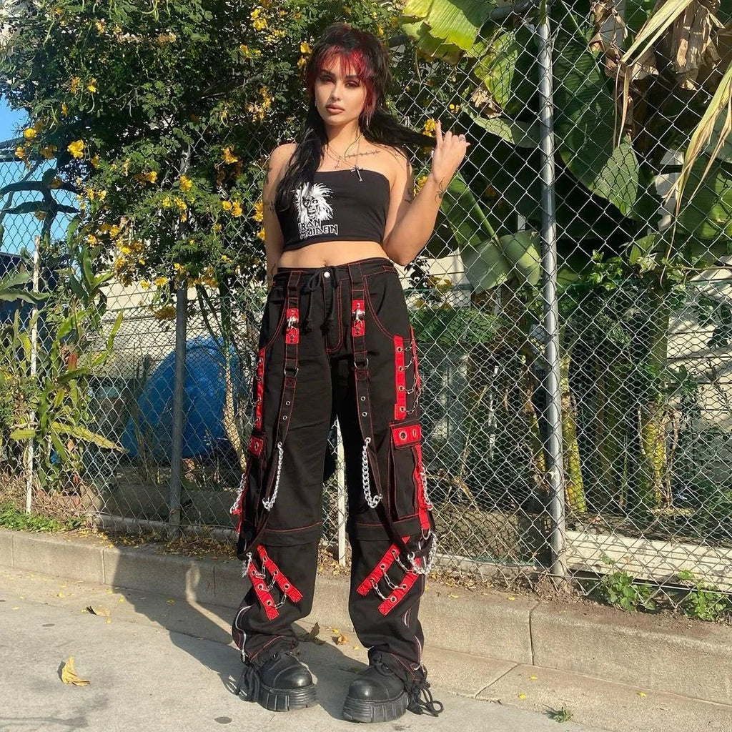 Contrast Color Studded Tactical Pants