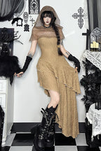 Khaki Gothic Hooded Mesh Cape And Dress