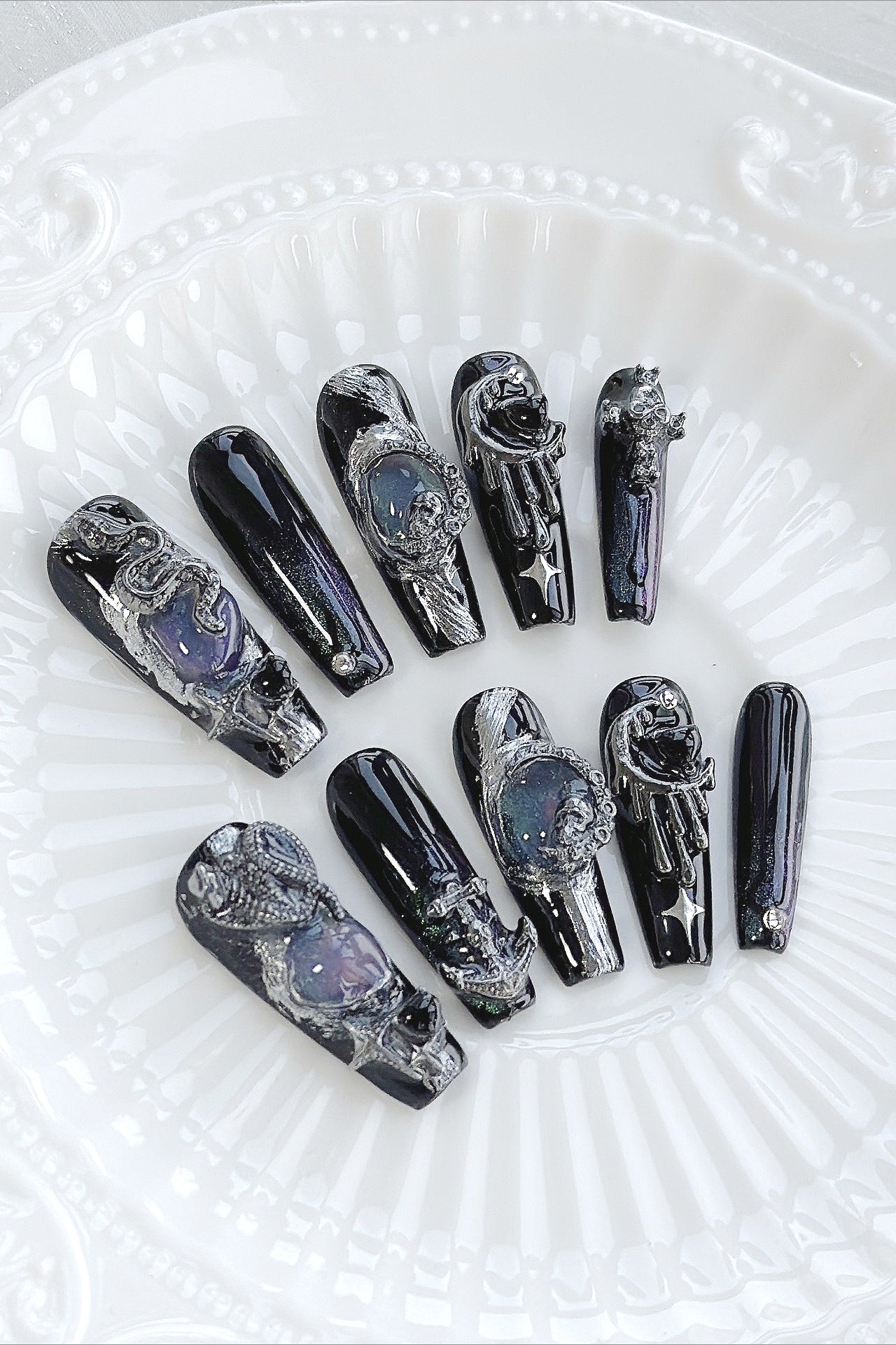 Gothic Black Snake Gem Press On Nails