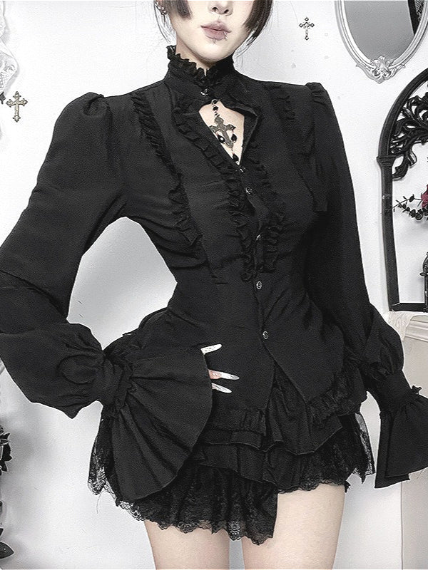 Gothic High Neck Ruffle Trim Blouse