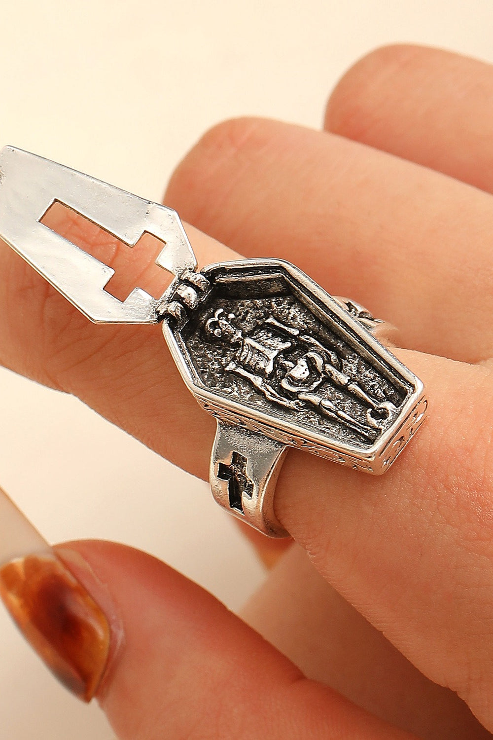 Gothic Skull Coffin Cross Open Ring