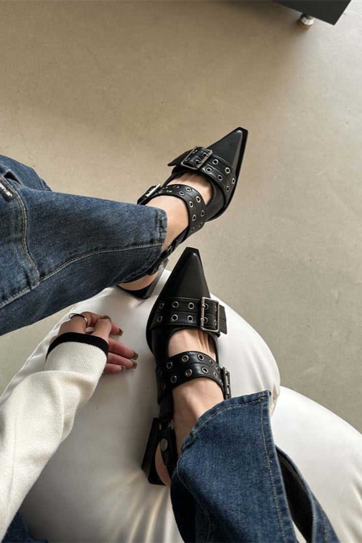 Pointed Buckle Slingback Block-Heel Shoes