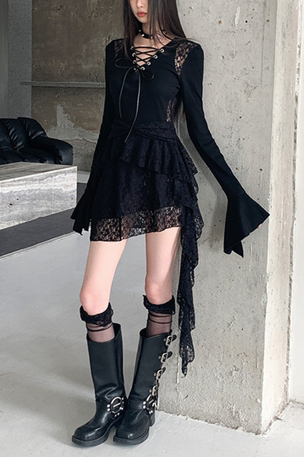 Dark Punk Gothic Lace Patchwork Ruffled Mini Dress Main image