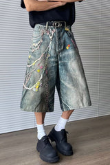 Retro Plus Size Chain Print Wide Leg Denim Shorts