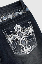 Cross Embroidered Flare Jeans