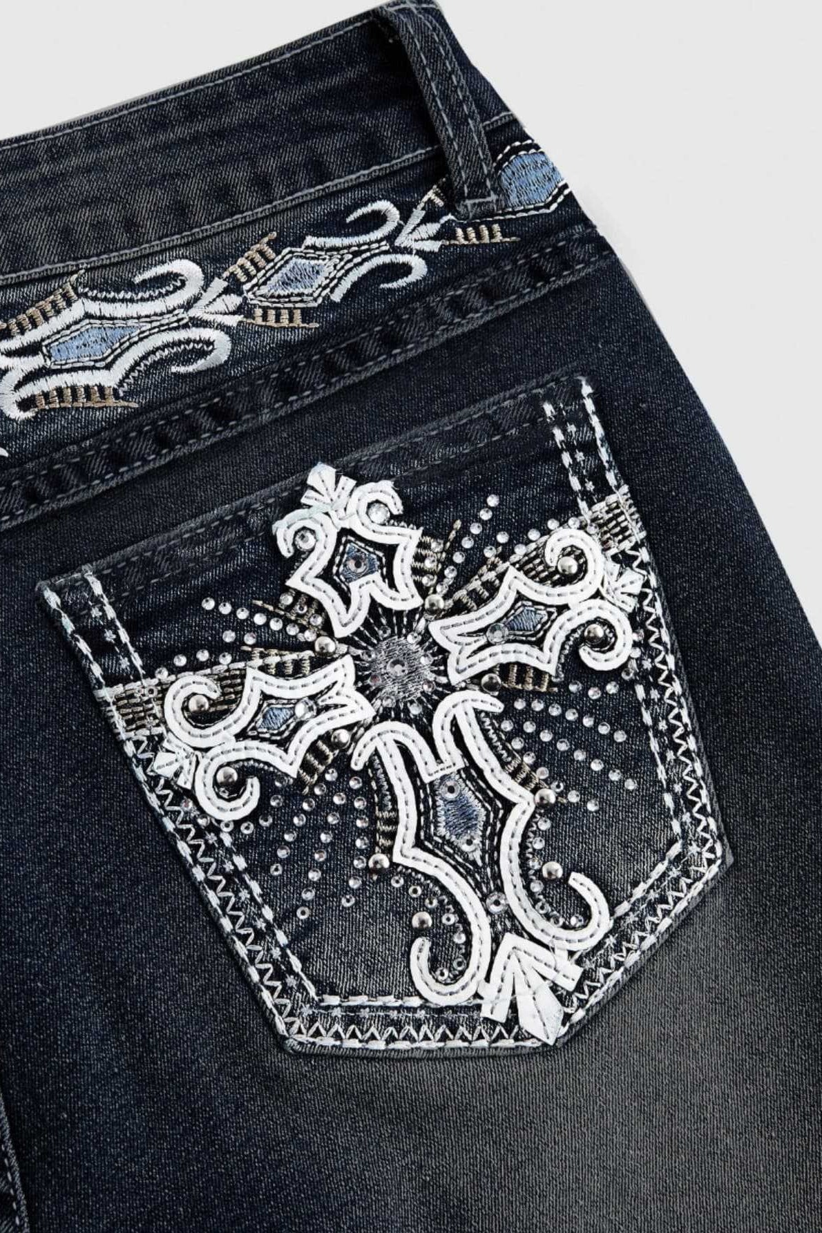 Cross Embroidered Flare Jeans