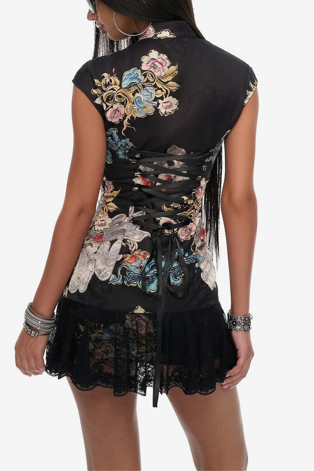 Oriental Dark Floral Lace Mini Dress