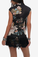 Oriental Dark Floral Lace Mini Dress