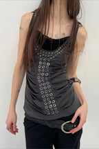 Punk Hooded Eyelet Drawstring Metal Tank Top