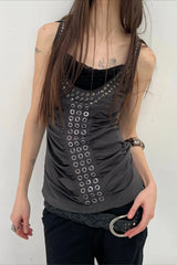 Punk Hooded Eyelet Drawstring Metal Tank Top
