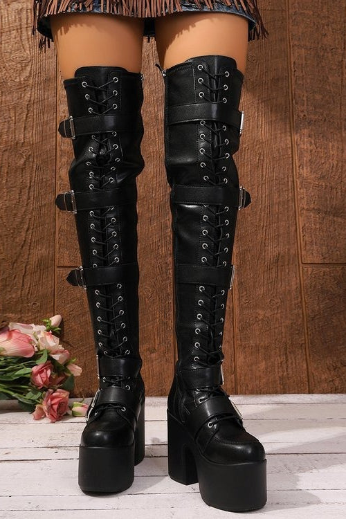 Multi Buckle Lace Up Platform Boots