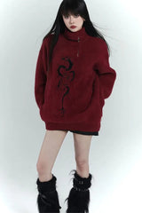 Y2K Grunge Red Zipper Print Oversized Streetwear Sweater