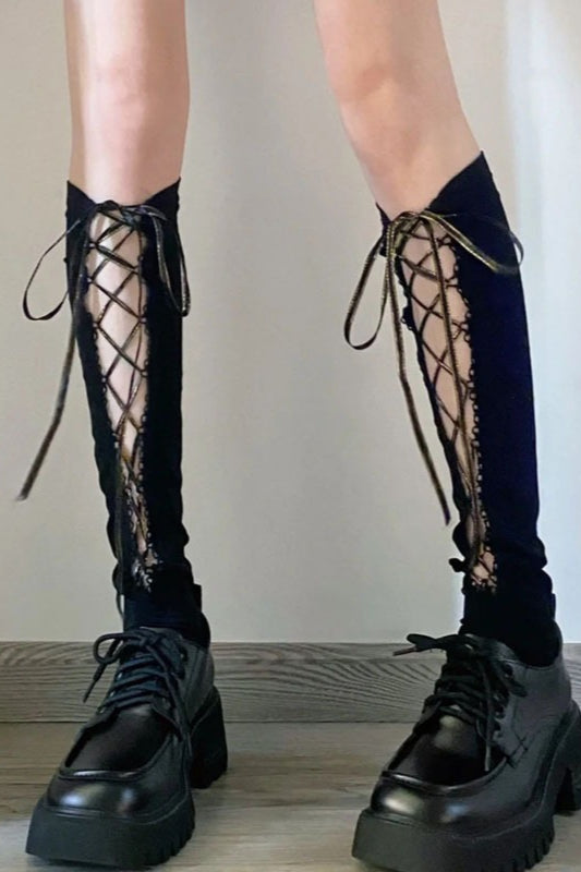 Black Lace-Up Slim Mid-Calf Socks Secondary image