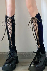 Black Lace-Up Slim Mid-Calf Socks