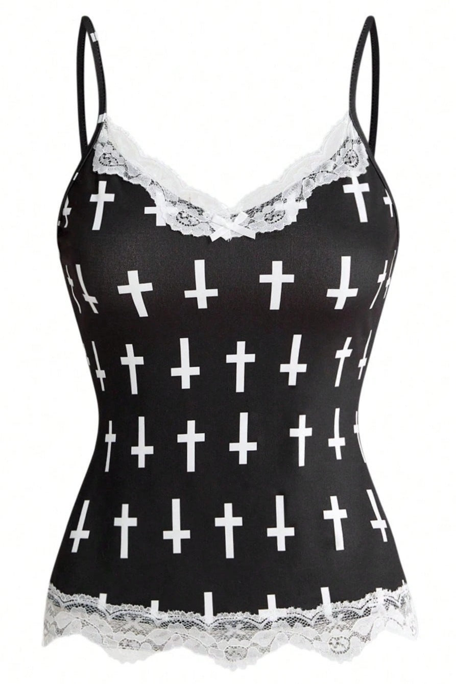 Cross Skull Print Lace Tank Top Main image