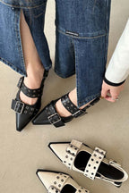 Pointed Buckle Slingback Block-Heel Shoes