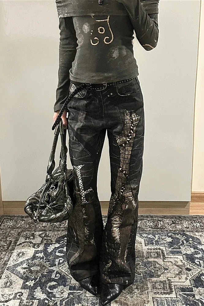 Snake Skin Gothic Punk Black Denim Pants Secondary image