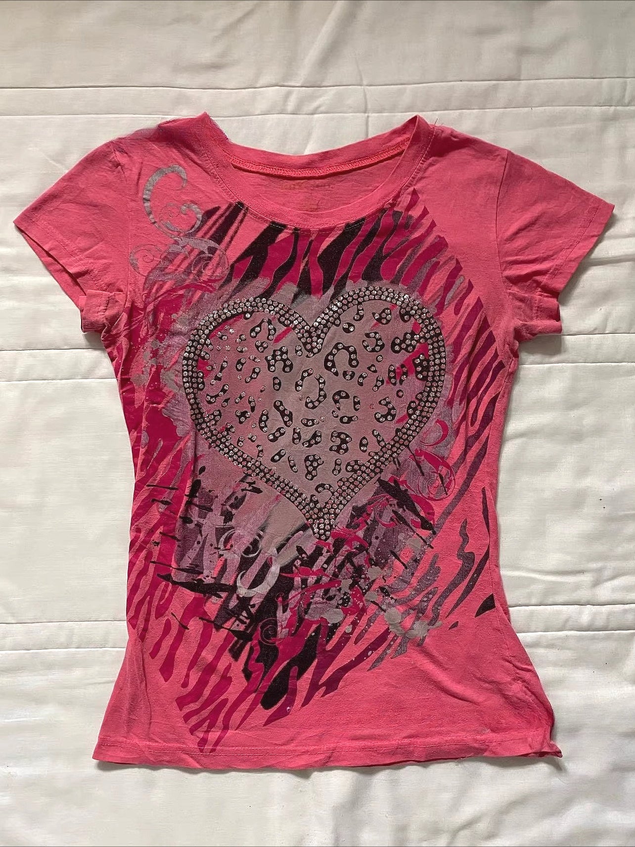 Y2K Leopard Heart Rhinestone T-shirt