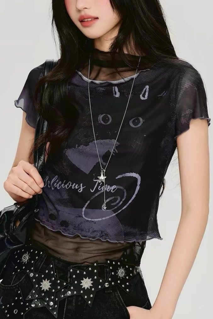Moon Graphic Layered Mesh T-Shirt Secondary image