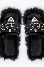 Faux-Fur Buckle Platform Slides