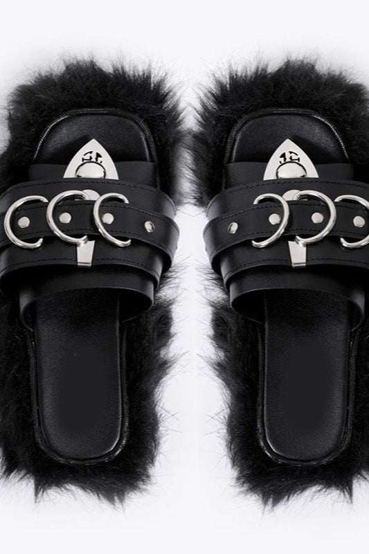 Faux-Fur Buckle Platform Slides