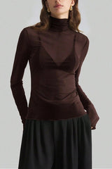 Solid Mandarin Collar Mesh Top