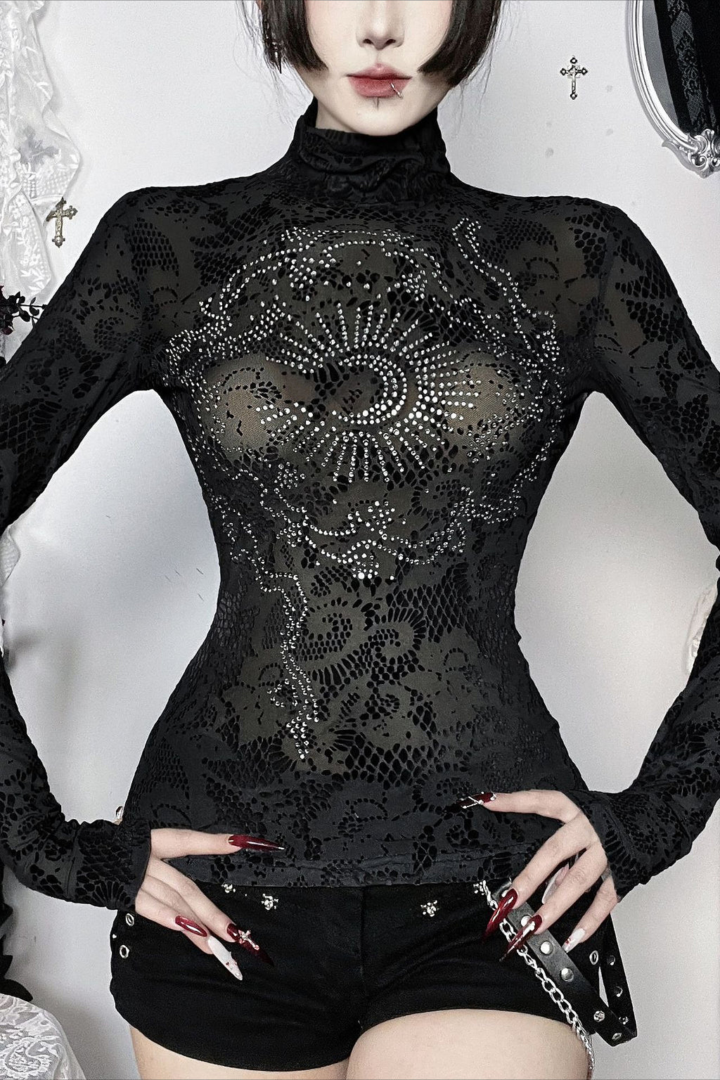 Gothic Flocked Rhinestone T-Shirt