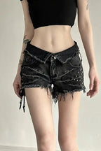 Lace Up Skinny Distressed Denim Shorts