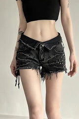 Lace Up Skinny Distressed Denim Shorts