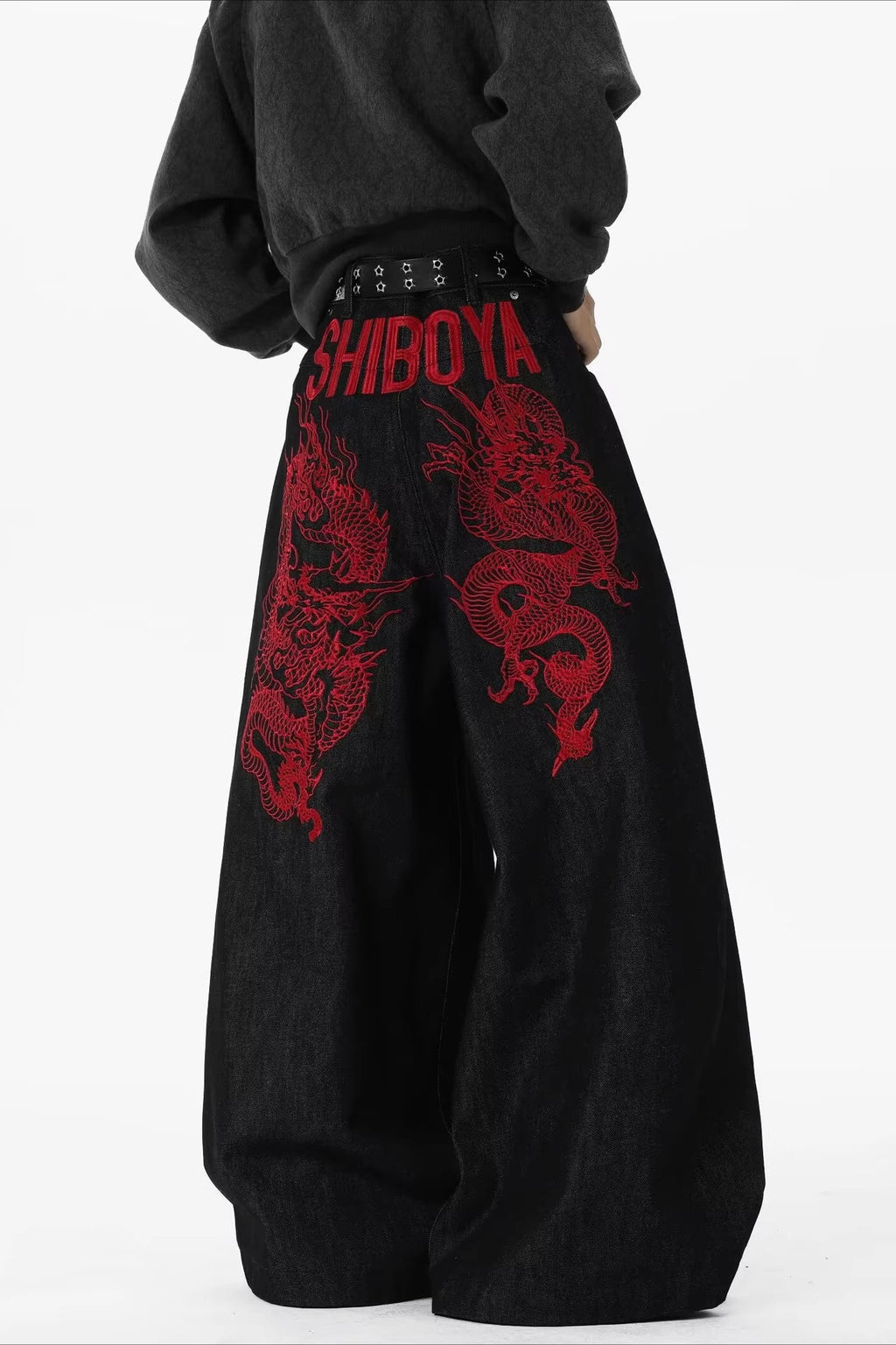 Red Dragon Motif Denim Pants