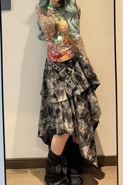 Y2K Alt Girl Tie-Dye Plaid Asymmetrical Tiered Maxi Skirt Secondary image