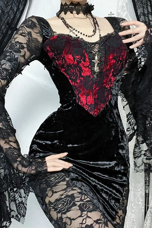 2000s Vintage Gothic Chain Lace Splicing Maxi Dress Secondary image