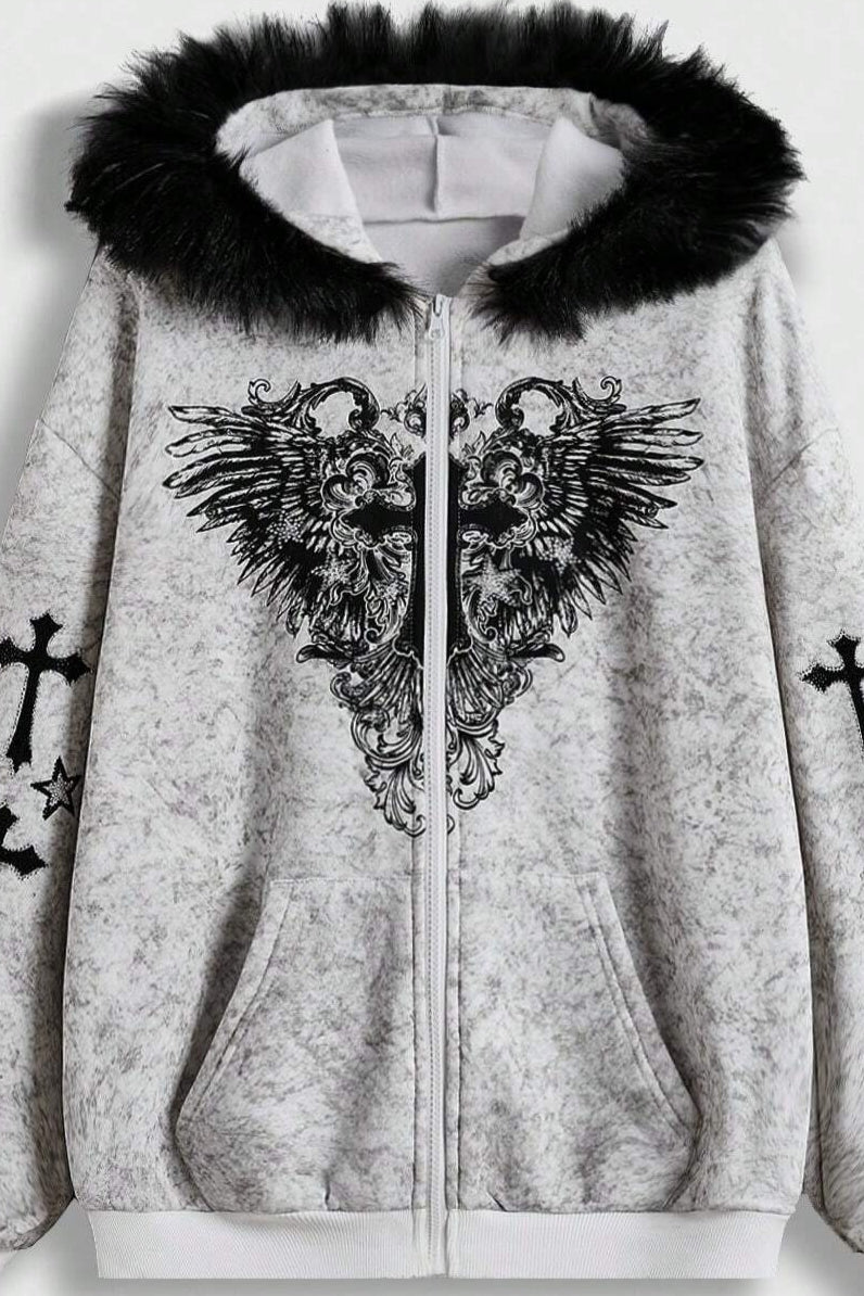 Eagle Cross Fur Trim Zip Hoodie Secondary image