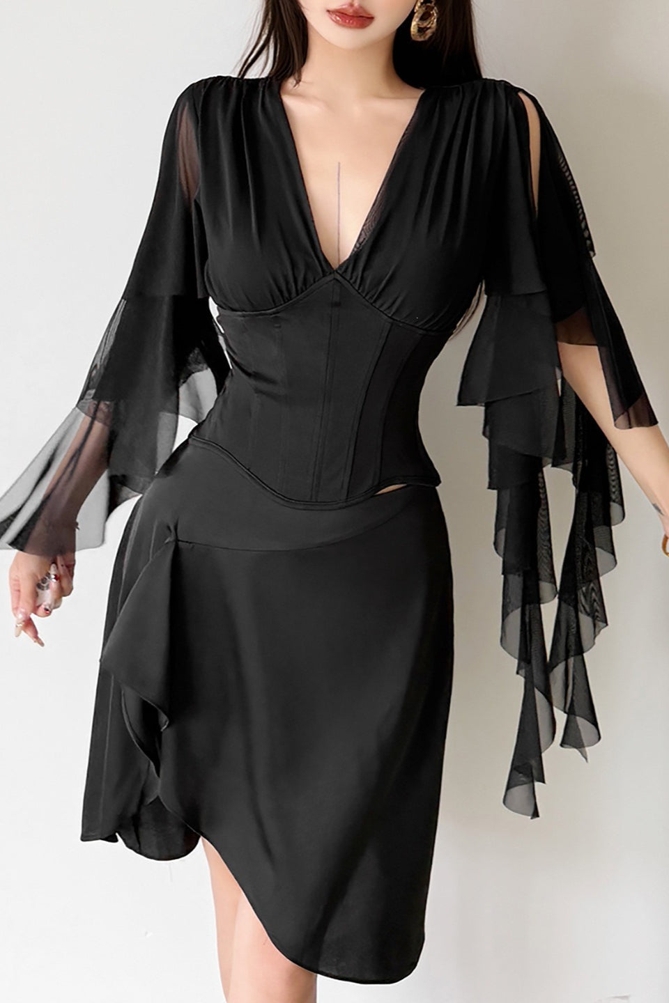 Draped Split Sleeve Ruffle Skirt Sets