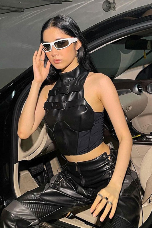 Cyber Punk Black PU Metal Buckle Sleeveless Crop Top Secondary image