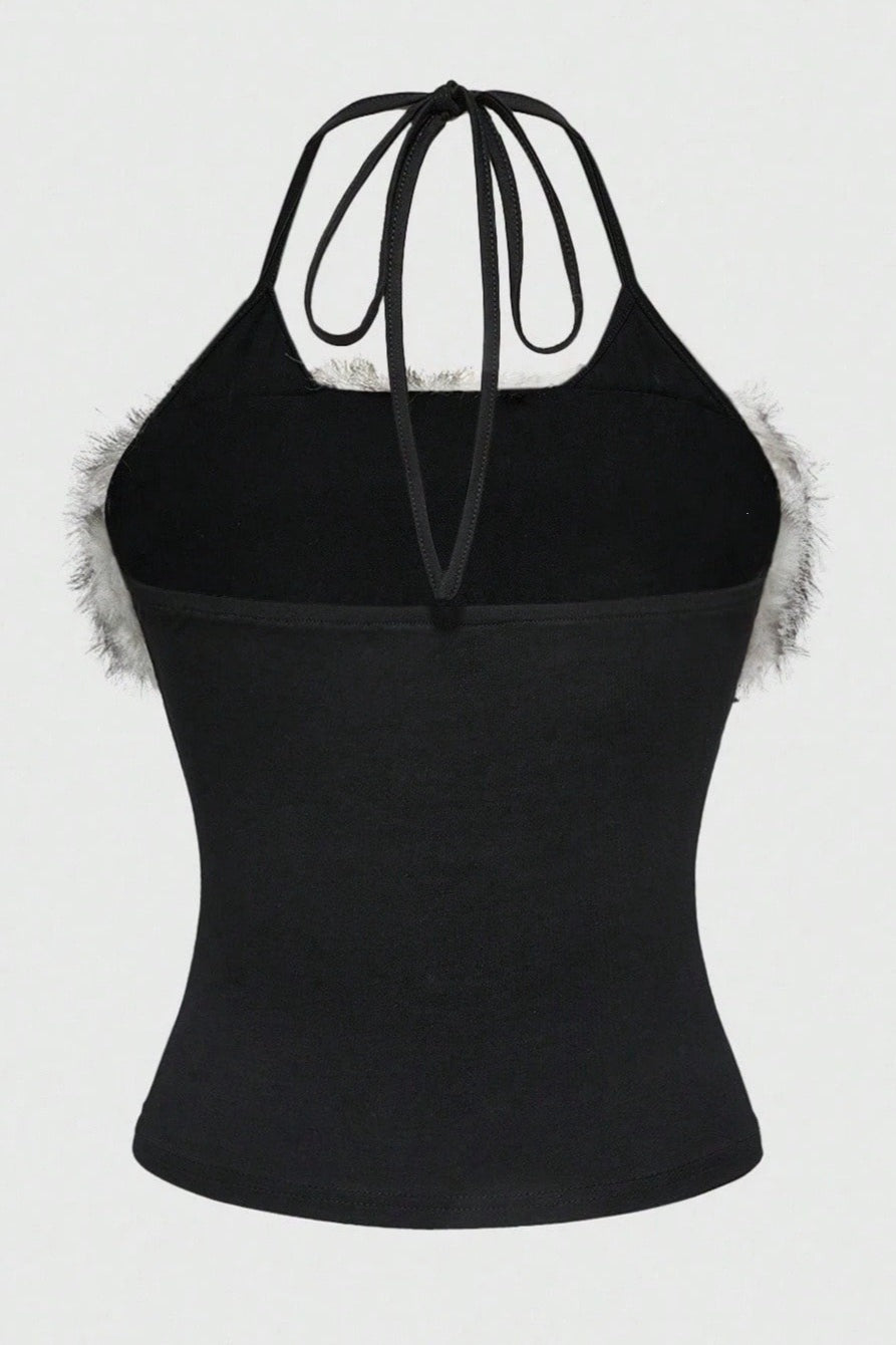 Plush Trim Letter Halter Tank Top Secondary image