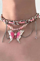 Chain Rhinestone Pink Butterfly Choker Necklace