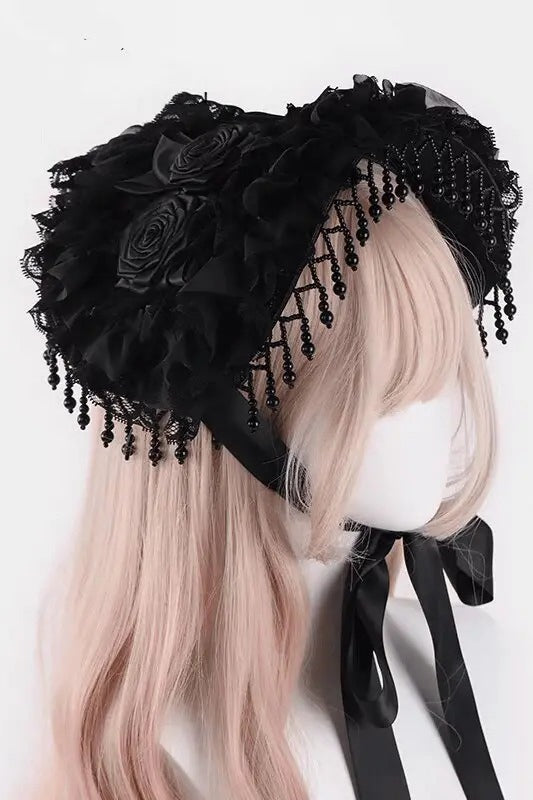 Handmade Gothic Lace Pearl Tassel Rose Hat Main image