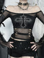 Cross Rhinestone Flare Sleeve Mesh Top