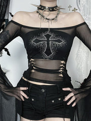 Cross Rhinestone Flare Sleeve Mesh Top