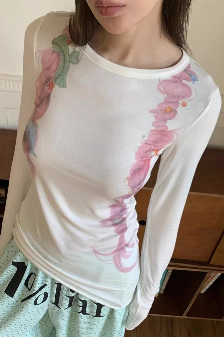 Vintage Dreamy Braided Hair Print Long Sleeve T-shirt