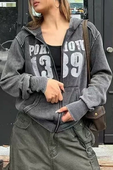 Washed Number Graphic Zip Hoodies