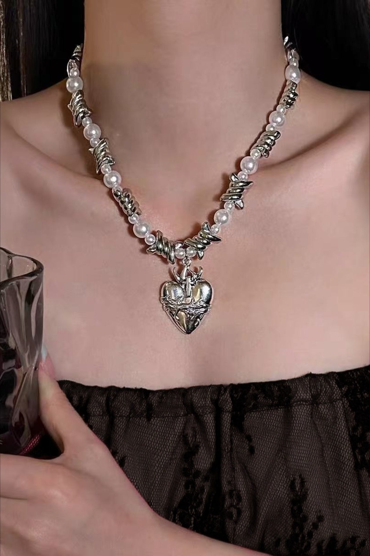 Retro Handmade Bead Heart Charm Necklace