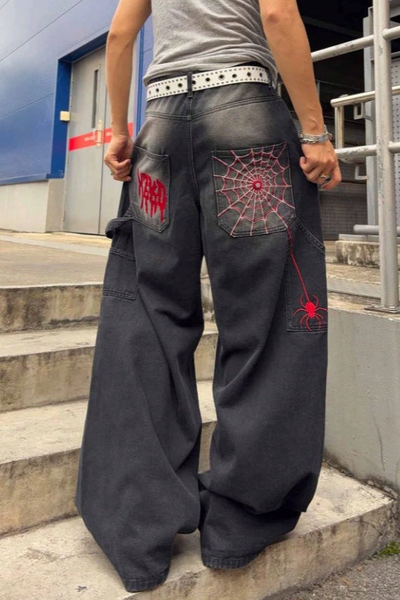 Spiderweb Graphic Washed Wide Leg Jeans