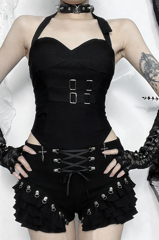 Black Lace-Up Ruffle Skort