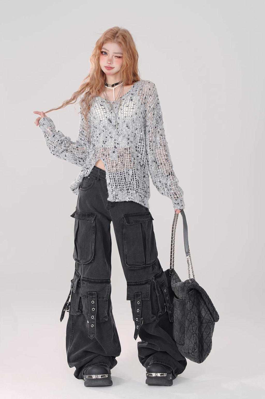 Multi Pocket Strap Wide Leg Cargo Jeans
